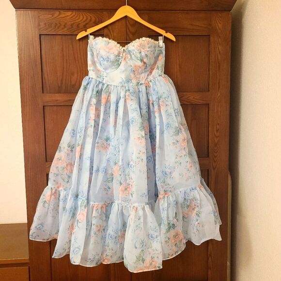 Selkie French Corset Puff Midi Dress Powder Blue Floral Size Medium - Picture 2 of 13